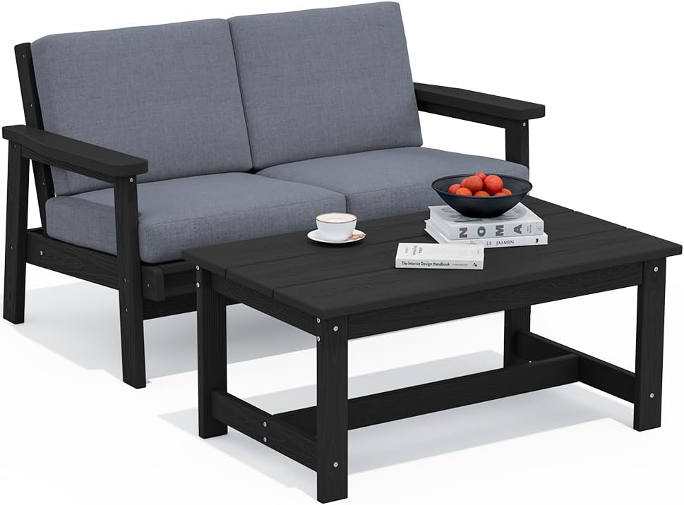 SERWALL Outdoor Loveseat, Black Frame and Grey Cushion