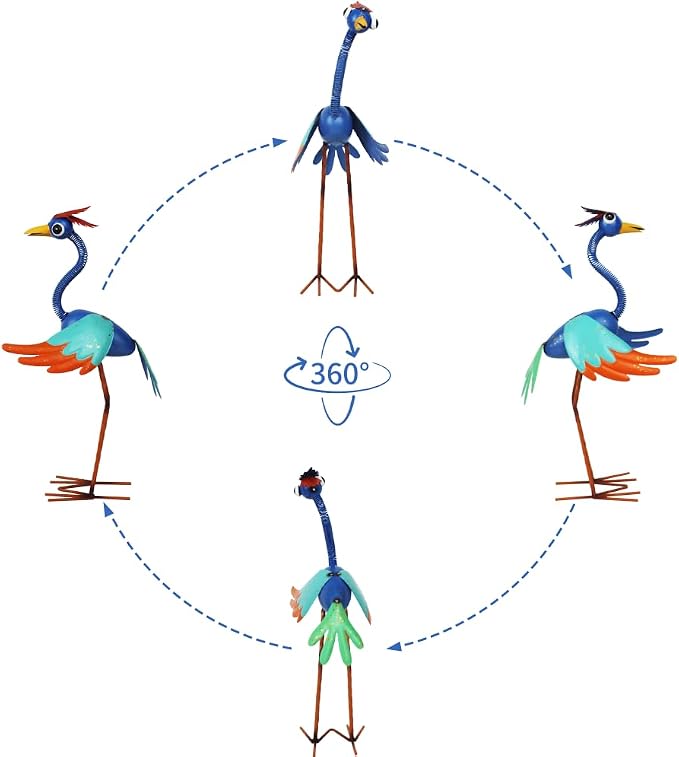 Metal Wacky Heron Garden Statue for Patio, Backyard, Lawn | 19‘’ Crane Garden Decor for Outside, Waterproof Bird Yard Art, Blue & Cyan