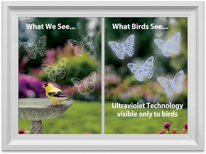WindowAlert Butterfly Large Starter Pack - Bird Strike Prevention Decals (12 Envelopes) with UV Tester Flashlight & Application Squeegee - Made in USA
