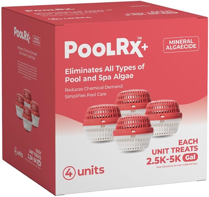 PoolRx+ Mineral Algaecide 4-Unit Pack, up to 6-Month Algae Control, for 2.5K-5K gallons, Red & White, New Formula with Silver.