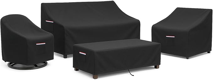 4-Piece Patio Furniture Cover Set, Waterproof Outdoor Furniture Covers for Loveseat, Patio Chairs & Coffee Table, Heavy-Duty 600D, Fade & UV-Resistant, Breathable, All-Season Protection, Black