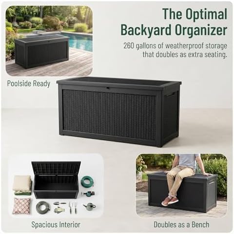 260 Gallon Deck Box, Waterproof Resin Rattan Outdoor Storage Box with Lockable Lid, Fade Resistant Patio Storage Box for Garden Tools, Pool Accessories, Outdoor Cushions, Black