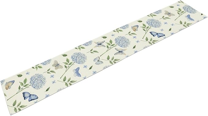 Blue Hydrangea Table Runner, Rustic Boho Watercolor Floral Spring Summer Seasonal Flower Butterfly Farmhouse Coffee Table Center Decor for Family Kitchen and Dining Party Table Decorations, 13"x36"
