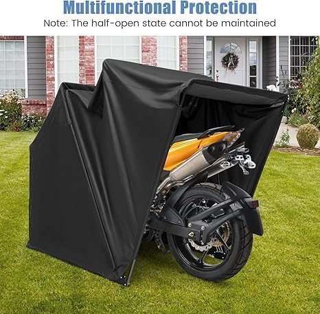 Goplus Motorcycle Shed with Expansion Bolts, Waterproof Motorcycle Garage with 600D Oxford Cloth & Ventilation Window, Suitable for Heavy Motorcycle Vehicle Storage, Size 136" x 54" x 75"