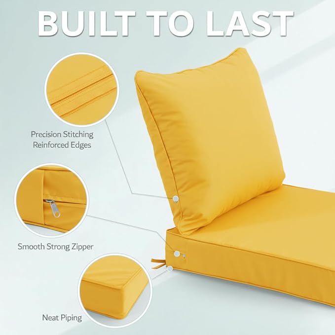 24x24 Inch Outdoor Chair Cushions Set of 2, Patio Furniture Cushions - Removable Cover, Water-Repellent, Fade-Resistant, Non-Slip Bottom & Straps, Replacement for Deep Seat Sofa & Couch - Yellow