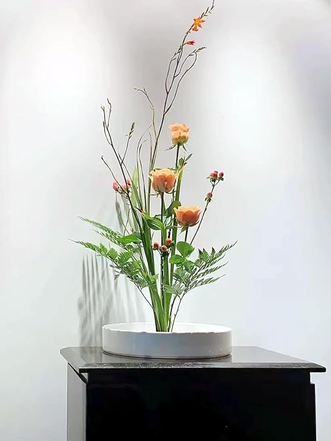 8.5inch Japanese Ceramic Ikebana Vase Kit with 2.4inch Metal Floral Frog Round Stems Holder, Japanese Flower Arranging Supplies Kenzan Flower Container (White)