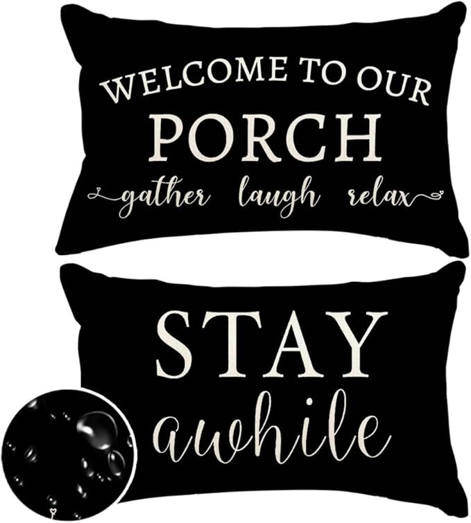RABUSOFA Welcome to Our Porch Decor Outdoor Pillow Covers Waterproof,12x20 Set of 2 Black and Cream Stay Awhile Relax Lumbar Cushion Case Decorations for Patio Couch (Black)