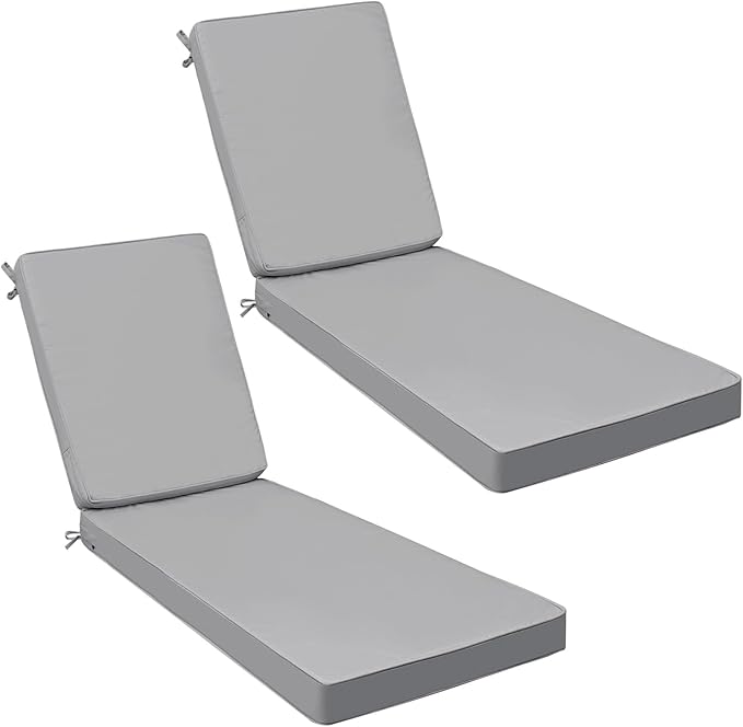 AAAAAcessories Outdoor Chaise Lounge Cushions, Fade-Resistant, Waterproof Patio Furniture Replacement Cushions, 80" x 26" x 3", Set of 2, Gray