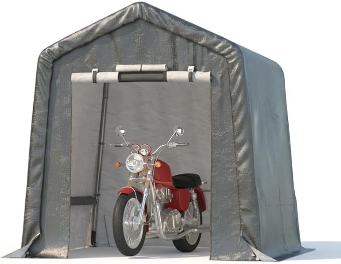 6x8Ft Motorcycle Carport, Heavy Duty Motorcycle Shed with Roll-Up Door & Vent, Outdoor Portable Storage Shed, Waterproof & UV-Resistant, Storage Sheds for Motorcycle, Firewood, Tools