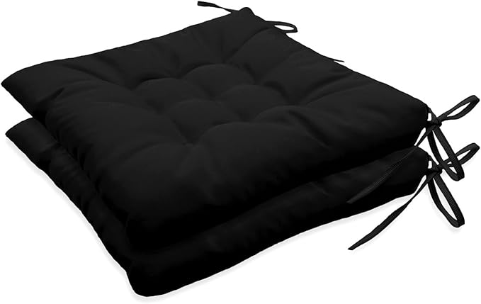 Outdoor Indoor Tufted Chair Cushions, Seat Cushions with Ties, Chair Pads Waterproof for Porch Kitchen Office Garden Black 16" x 16", Set of 2
