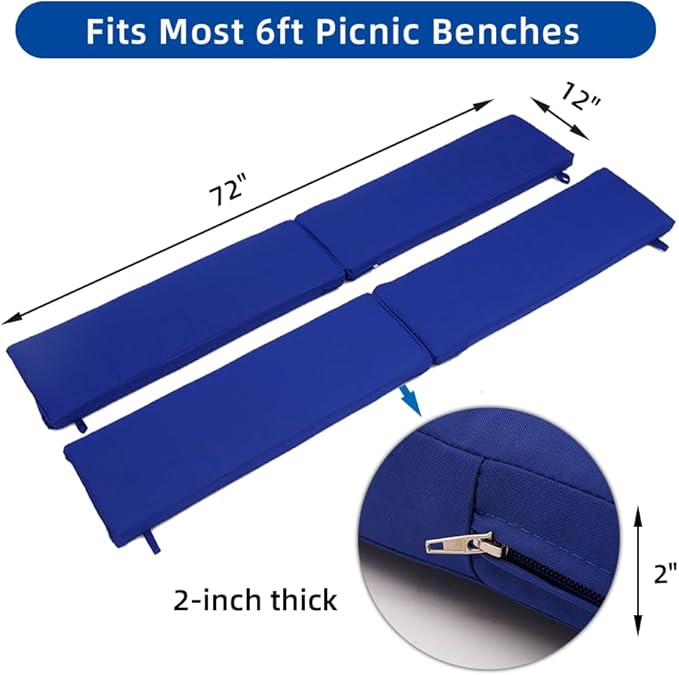 Picnic Bench Cushions 2 Pack, Outdoor Picnic Bench Seat Pads – Water-Resistant Polyester Fabric with High-Density Foam, 72" x 12" x 2", Portable & Foldable for Picnic Tables, Camping, Patio-Navy blue