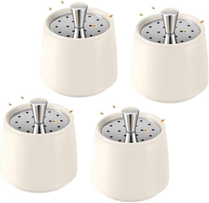 Ceramic Fruit Fly Trap for Indoors, Reusable Kitchen Fly Catcher with Stainless Steel Vent Lid, Uses Safe & Natural Vinegar Bait Trap, Dishwasher Safe, Easy to Use(White,4 Pack)