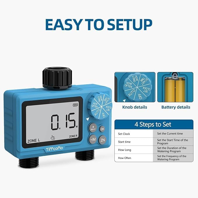 TiFFCOFiO Sprinkler Timer Outdoor, Digital Pogrammable for Garden Hose, Irrigrtion Timer with Rain Delay and Manual Mode (2 Oulets, 2 Packs)