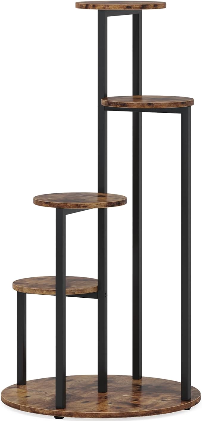 LITTLE TREE 5-Tier Corner Plant Stand, Free Standing Wood Metal Flower Rack Pot Shelf Display with Round Board, Garden Patio Balcony Plant Holder for Indoor Outdoor Living Room, Bedroom, Rustic Brown