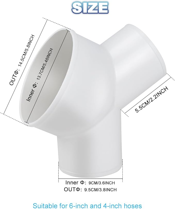 Enenes Duct Splitter Reducer, 3 Way Duct Connector for Exhaust Fan Dryer Vent Hose 6 Inch to 4 Inch to 4 Inch Dia Come With 3 Pieces Stainless Steel Hose Clamps (6 Inch-4 inch - 4 Inch)