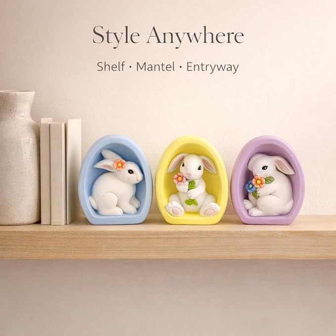 GoGnome Resin Easter Bunny Alcove Figurines, Set of 3 – Pastel Egg Frame Bunny Decor, Spring Shelf & Mantel Display, Cute Seasonal Home Accent (Blue/Yellow/Purple)