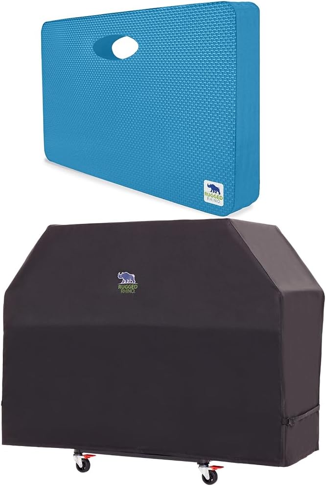 Rugged Rhino Kneeling Pad and Grill Cover, Durable Shock Absorbent Pads in Bright Blue, Windproof Grill Cover for Outdoor 58" L x 24" W x 48" H in Black, 2 Item Bundle