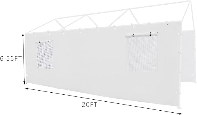 Carport Replacement Tarp Canopy, Sidewall Panel with Mesh Windows and Elastic Ball Bungees, for 10x20 FT or 12x20 FT Garage Party Tent Shelter - White, One Sidewall Panel Only
