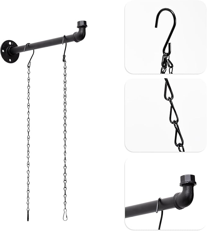 2 Pack Black Metal Pipe Plant Hanger Indoor with Hanging Chains, Industrial Window and Wall Mounted Hanging Rod Planter for Plants, Pot/Plant Not Included
