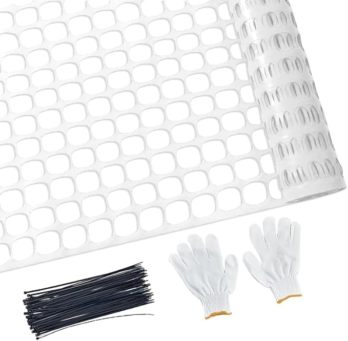PotatoLife Plastic Mesh Fence Safety Fence, 4'x100' Roll with 100 Zip Ties, Resuable Temporary Netting for Garden Fencing, Construction, Snow Fencing, Animal Barrier, Poultry, Deer, Patio, White