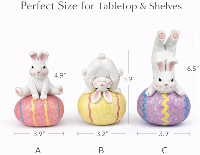 GoGnome Easter Decoration Indoor, Set of 3 Resin Easter Bunny Figurines on Pastel Eggs – 6.5''H Playful Rabbit Spring Decor for Shelf, Mantel & Tabletop (Pink/Yellow/Purple)