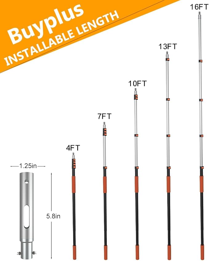 Buyplus Pool Pole - Upgraded 16 Foot Telescopic Extendable Swimming Pool Pole with 4-16FT Aluminium Heavy Duty Extension Pole for Skimmer Nets, Rakes, Brushes and Vacuum Heads, Universal 1.25", Orange