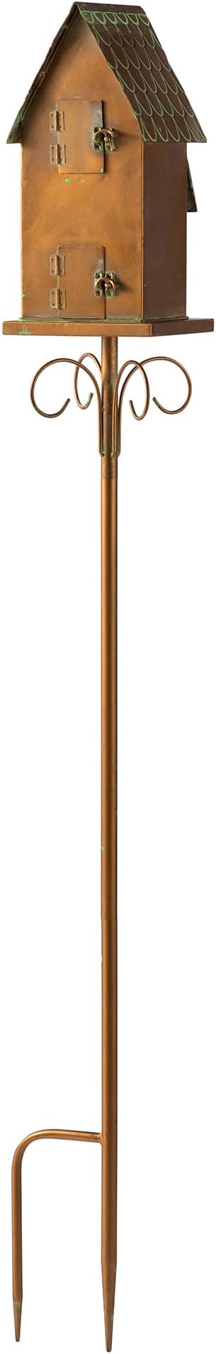 Glitzhome Birdhouses for Outdoors, Decorative Bird Houses for Outside, 53" H Farmhouse Faux Copper 2-Tiered Distressed Metal Bird House Garden Birdhouse with Stake for Outdoor Patio