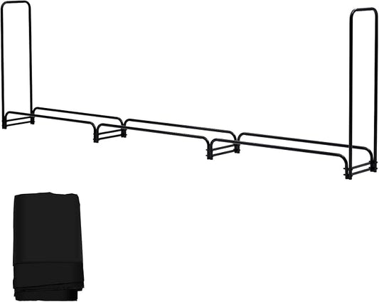 PeakPursuit 12FT Firewood Rack Outdoor with Waterproof Cove, Heavy Duty Logs Holder for Indoor Fireplace Metal Wood Pile Storage Stacker Organizer, Black