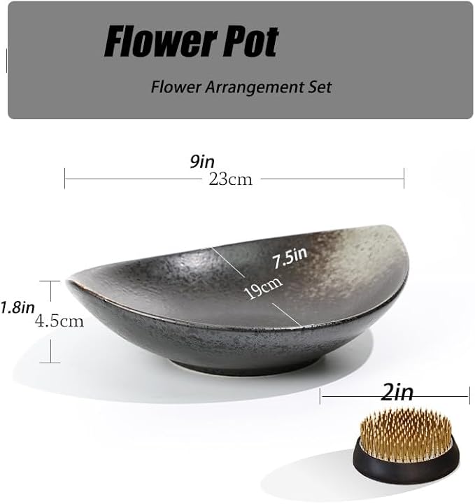 Japanese Ikebana Vase Kit,2inch Flower Frog Kanzan with 9inch Bowl Vase - Floral Frog Included,Various Styles (Frosted, Hammering Pattern)