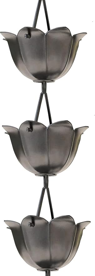Monarch Rain Chains Aluminum Lotus Pewter Rain Chains for Gutters – 8.5 ft Pewter Decorative Rainchain Outdoor Durable Heavy Duty Gutter Chain Downspout, Modern Rainchains for Outside