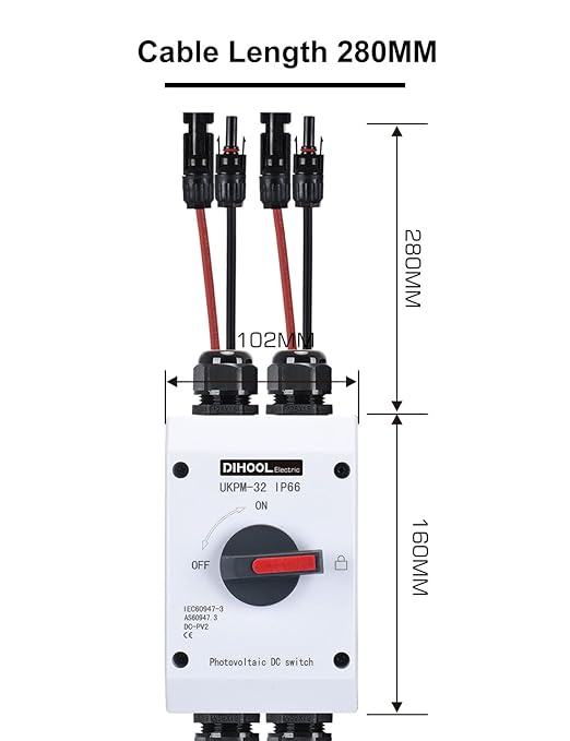 DIHOOL Solar Disconnect Switch,32 Amp DC600V,2 String 2 in 2 Out Isolator,IP66 Waterproof