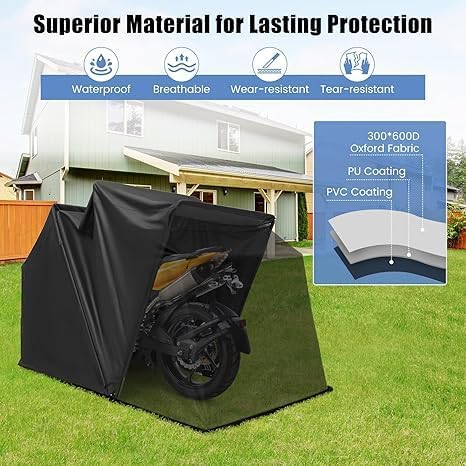 Goplus Motorcycle Shed with Expansion Bolts, Waterproof Motorcycle Garage with 600D Oxford Cloth & Ventilation Window, Suitable for Heavy Motorcycle Vehicle Storage, Size 136" x 54" x 75"