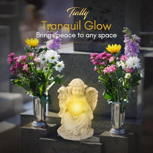 TIALLY Solar Garden Angel Statue – Praying Guardian Angel Statue Light for Outdoor Yard Decor, White Resin Garden Sculpture with Soft Glow for Angels Memorial or Cemetery Use (Pack of 4)