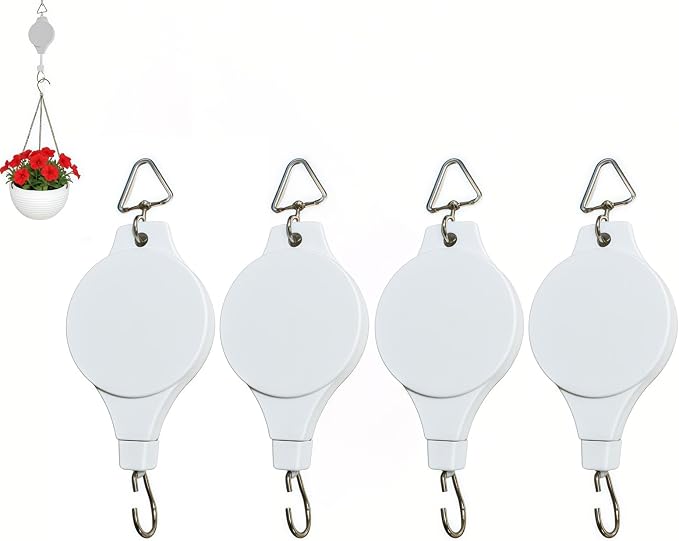 4PCS Retractable Plant Pulley Hanger, Easy Raise & Lower, Upgraded for Garden Flower Pots, Hanging Planters, Bird Feeders (White-4PCS)