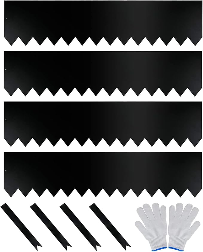 Worth Garden 4-Pack 12" H. Galvanized Steel Landscape Edging w/Black Powder Coating - 40" L x 12" H Strips - Hammer-in 16-Gauge Metal Border w/ 5 Clips & Gloves - Edge for Lawn Yard (13Ft Total)