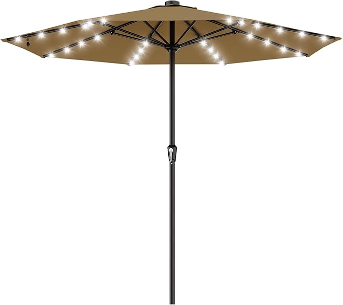 AreShark 11FT Large Patio Umbrella with Solar Lights, Lighted Solar Umbrella with Crank, Outdoor Table Market Umbrellas for Garden, Deck, Backyard, Pool and Beach, Khaki