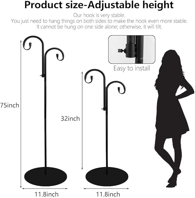 32-75" Shepherd Hook Stand, Adjustable Free Standing Pole Holder for Hanging Bird Feeders, Lanterns, Wreaths and Wind Chimes, Indoor and Outdoor Use on Patio, Yard or Porch
