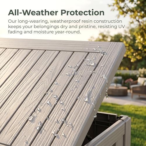 80 Gallon Deck Box, Waterproof Resin Outdoor Storage Box with Lockable Lid, Patio Storage Box with Fade Resistant for Patio Furniture Cushions, Pool Accessories, Garden Tools, Light Coffee