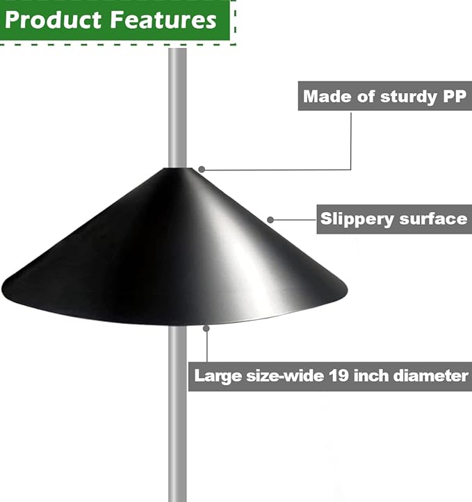 19 Inch PP Squirrel Proof Baffle for Protecting Outside Pole Bird Feeders and Bird Houses, Pole Mount Raccoon and Squirrel Guard Stopper for Shepherd Hooks - Black, 1 Pack