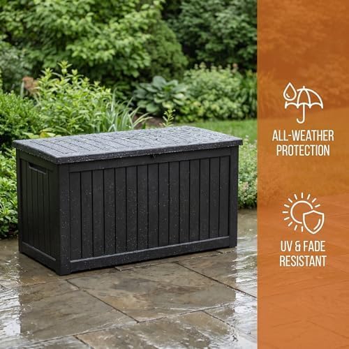 230 Gallon Deck Box, Waterproof Resin Rattan Outdoor Storage Box with Lockable Lid, Fade Resistant Patio Storage Box for Garden Tools, Pool Accessories, Outdoor Cushions, Black
