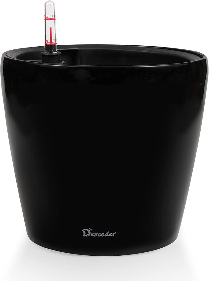 Dexceder 11x10 Self Watering Planter (Black High Gloss) | Inner Pot Design, Thickened Table Flower Plant Pot with Water Level Indicator Indoor Outdoor