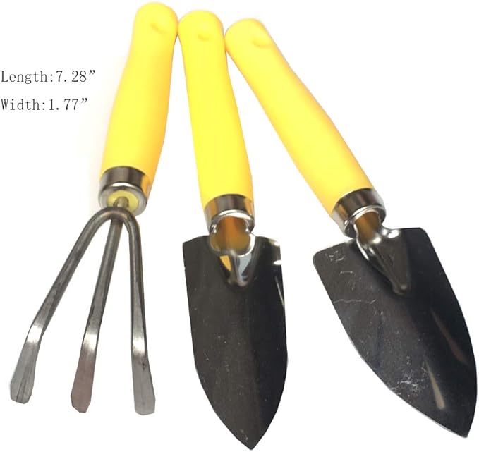Mini Kids Garden Tool Set for Toddler with Trowel, Cultivator, Transplanter 3 Piece Mental Hand Tools (Yellow)