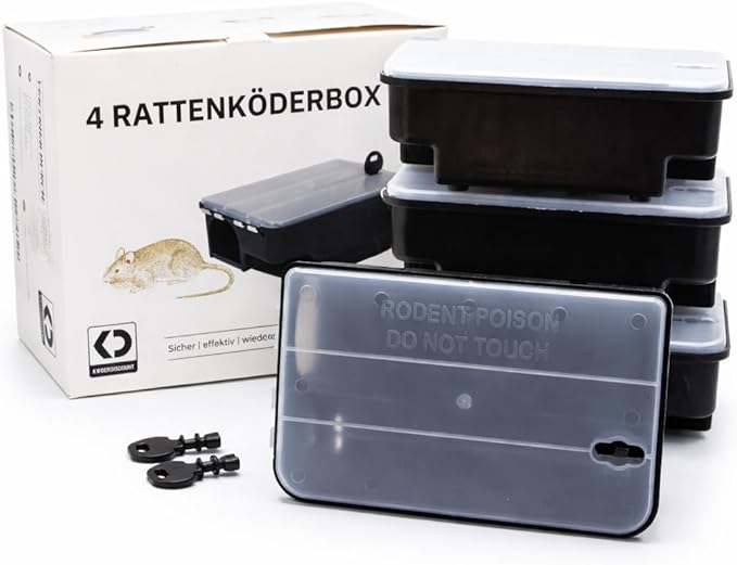 Lockable Rat & Mouse Bait Stations (4-Pack) – Secure Bait Box with Clear Lid & Dual-Entry Design – Weather-Resistant, Reusable (Bait Not Included)