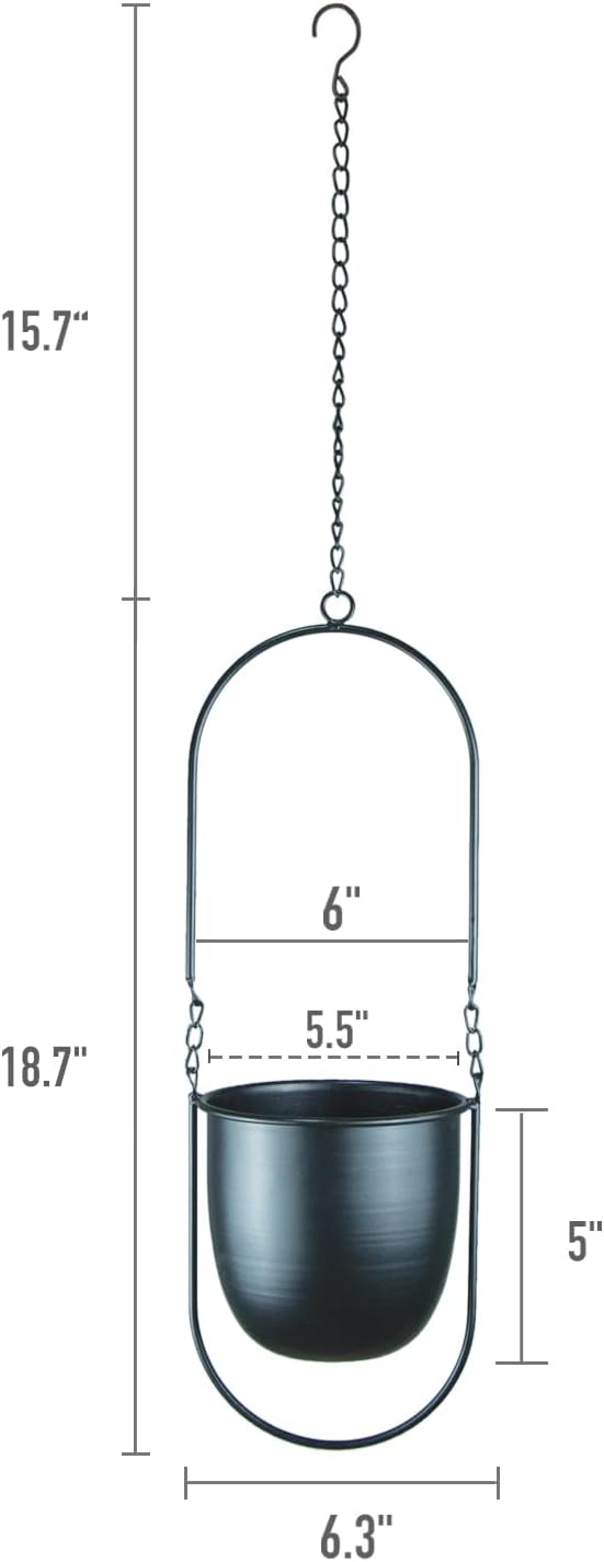 Modern Metal Hanging Planters with 6 Inch Pots and Sleek Chains - Set of 2 Oval Geometric Plant Hangers - Black Wall and Ceiling Mount Flower Holders for Indoor Décor