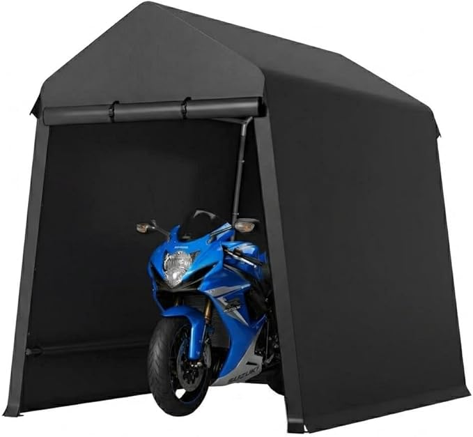 CABIHOME 6X8Ft Motorcycle Carport, Portable Outdoor Storage Shed Tent, Heavy-Duty Carport with Rolled Up Zipper Door & Vent, Waterproof & UV Resistant, for Motorcycle, Bike, Lawn Mower, Tools (Black)