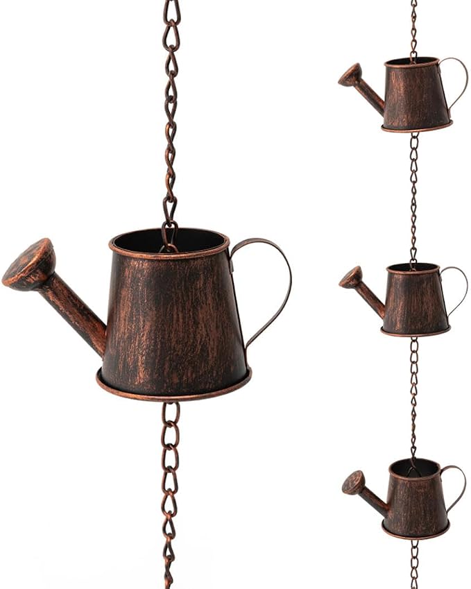 Glitzhome 8.5 FT Watering Pot Rain Chains, Faux Copper Rain Chains for Gutters with 11 Pots, Adjustable Rain Catcher Chain with V-Shaped Gutter