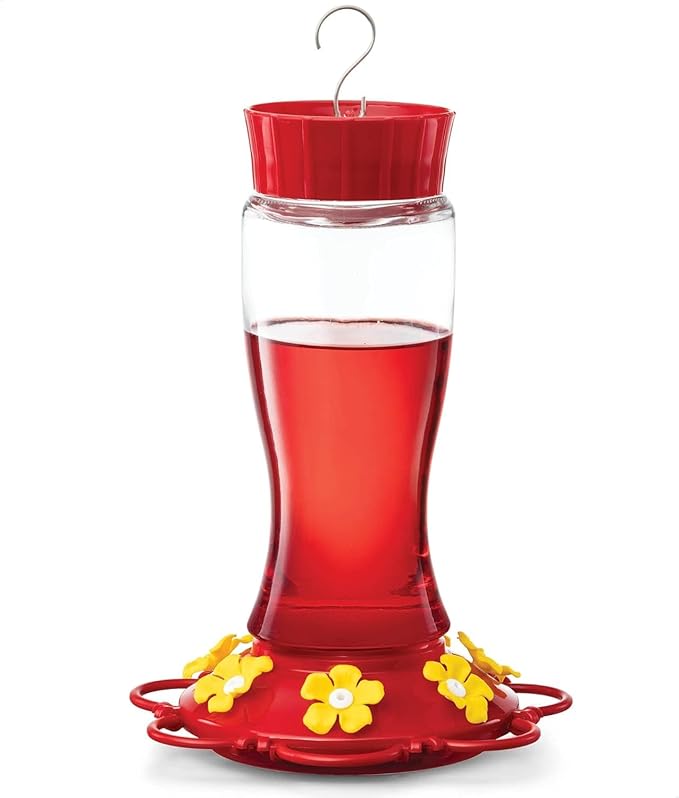 Hummingbird Feeder 20 oz. Glass Hummingbird Feeders for Outdoors, with Built-in Ant Guard - Circular Perch with 5 Feeding Ports - Wide Mouth for Easy Filling/2 Part Base for Easy Cleaning
