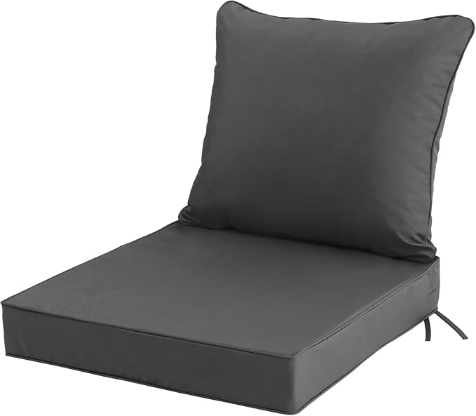 19x19 Inch Patio Chair Cushion with Removable Cover, Outdoor Furniture Cushion - Water-Repellent, Fade-Resistant, Non-Slip Bottom & Straps, Replacement for Lawn, Porch & Deck Chair - Dark Grey