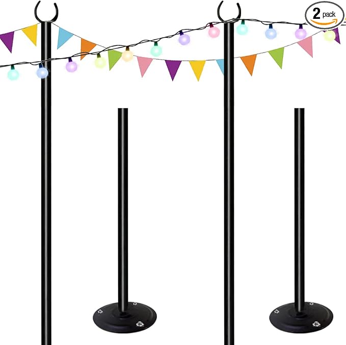 10ft String Light Poles for Hard Surfaces, Light Poles for Outdoor String Light, Perfect for Garden, Backyard, and Patio Lighting Stand for Parties, Wedding - Matte Black Finish - 2 Pack