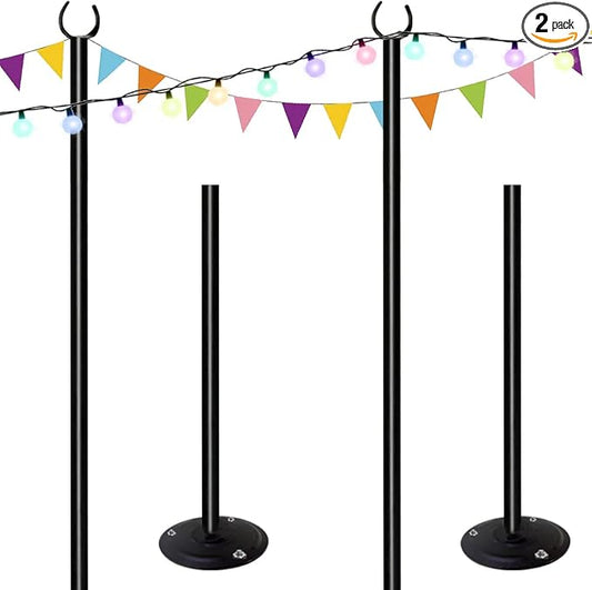 10ft String Light Poles for Hard Surfaces, Light Poles for Outdoor String Light, Perfect for Garden, Backyard, and Patio Lighting Stand for Parties, Wedding - Matte Black Finish - 2 Pack